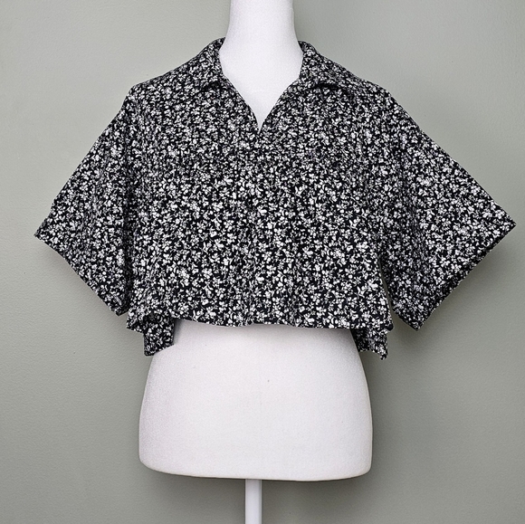 Zara Black White Floral Babydoll Crop Top MEDIUM - Picture 4 of 10